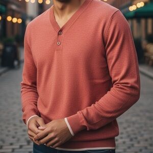 BOSS HUGO BOSS orange Lightweight Henley linen sweater knit pullover coral luxe